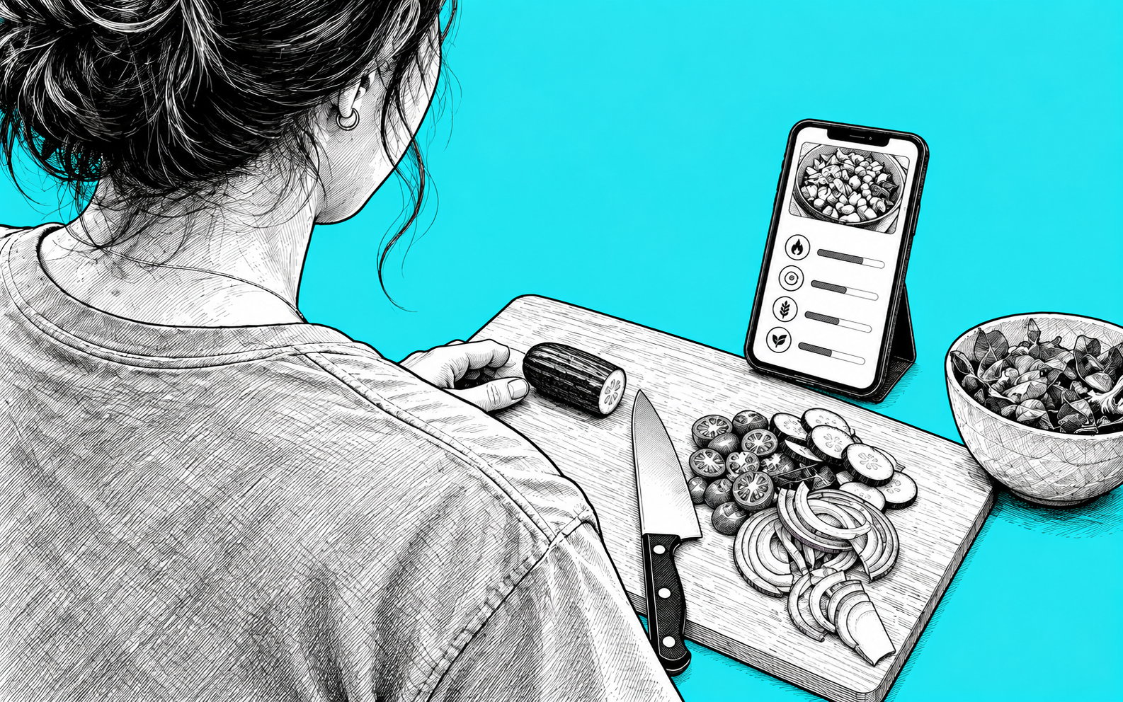 Illustration de la préparation d’un repas avec un suivi nutritionnel sur téléphone